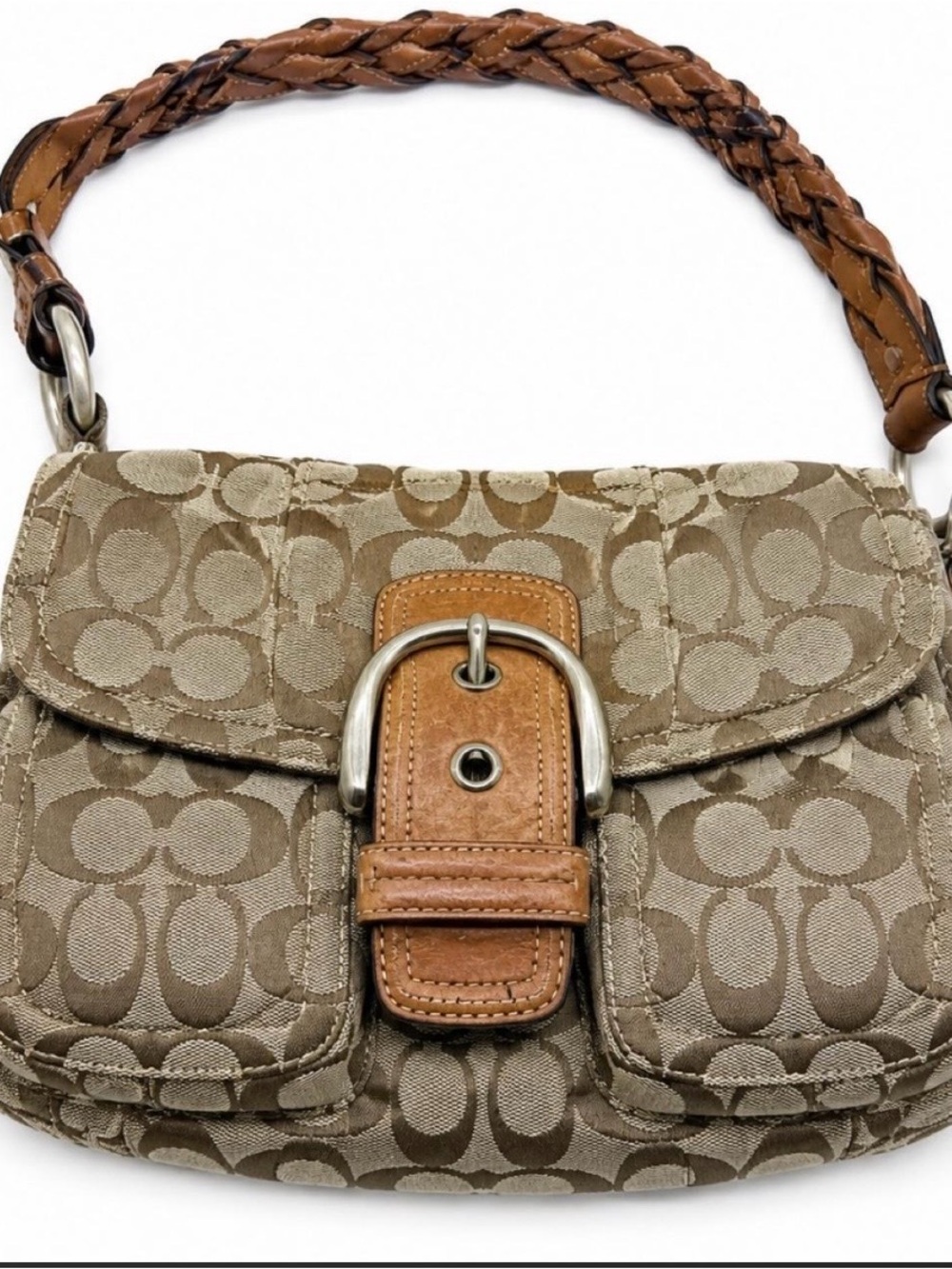 Coach Soho Buckle Shoulder Bag Khaki Signature Jacquard Saddle Braided Strap Y2K